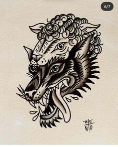 a drawing of a wolf head on the side of a wall