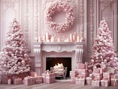 a living room decorated for christmas with pink decorations and presents on the fireplace mantel