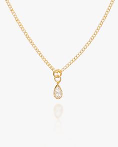 Featuring a CZ teardrop charm suspended from a curb chain necklace. The necklace is carefully handcrafted in 18k gold fill. Tarnish-resistant, showerproof, and safe for sensitive skin. Curb Chain Necklace, Minimal Necklace, Gold Charm Necklace, Curb Chain, Chain Styles, Gold Vermeil, Charm Necklace, Sensitive Skin, Solid Gold