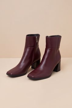 The Lulus Layten Wine Square Toe Ankle Boots are the perfect addition to your fall wardrobe! These must-have boots have a smooth faux leather construction that shapes a square-toe upper that rises to an ankle-high shaft with stylish seam detailing. A 7"" zipper at the instep makes for easy on-and-off, while a sturdy block heel completes the design! 2. 5" block heel. Cushioned insole. Rubber sole has nonskid markings. Man Made Materials. Imported. Lulus | Layten Wine Square Toe Ankle High Heel Boots | Size 5. Ankle High Heel Boots, Infires Man, Maroon Boots, Burgundy Boots Ankle, Square Toe Ankle Boots, Kitten Heel Boots, Burgundy Boots, Classy Clothes, Boots Square Toe