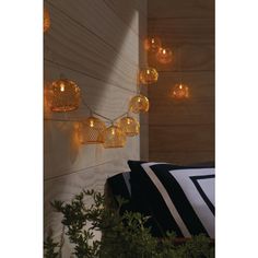 some lights are hanging from the side of a wall next to potted plants and pillows