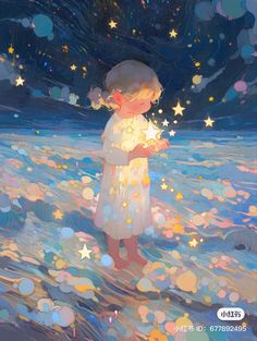 Stars Illustration Art, Child Oc Art, Childish Aesthetic, Glowing Illustration, Glow Illustration, Watercolor Stars, Essay Introduction, Cosmos Art, Star Child