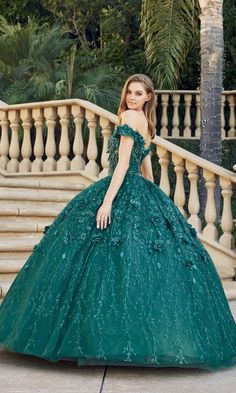 Impress your guests with this glitter emerald green quince dress. In the classic ball gown shape, this beaded off-the-shoulder quinceañera dress starts with a fitted bodice that flows into a full and fabulous skirt. The embellished bodice features a beautiful blend of beadwork, sequins, glitter, and 3-D leaves and floral appliques with jeweled centers. A combination of sparkling sequin floral patterns, glitter vines, and appliques trail down onto the poofy skirt. An exquisite design fit for a bi Emerald Quinceanera, Emerald Green Quince Dress, Quince Shirts, Emerald Green Quinceanera Dresses, Green Quince Dress, Long Ball Dresses, Emerald Green Quince, Green Quinceanera, Green Quinceanera Dresses