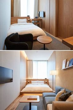 two pictures of a hotel room with a bed, couch and television in it's corner