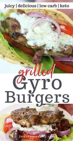 grilled gyro burgers with lettuce and tomatoes