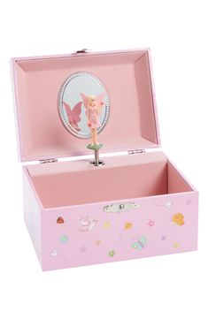 an open pink box with a doll in the lid and decorations on it's sides