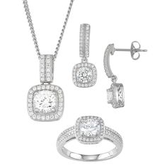 "Love your look with this 3-piece cubic zirconia jewelry set. 3-piece set includes: pendant necklace, ring, pair of earrings Base material: sterling silver Plating: rhodium Finish: polished Additional details: nickel free Packaging: boxed NECKLACE DETAILS Pendant size: 1.7"" x 0.37"" Length: 18 in. Drop length: 1.7 in. Chain type: curb Clasp: spring-ring RING DETAILS Size: 7 EARRING DETAILS Backings: post Length: 21.18 mm CUBIC ZIRCONIA DETAILS Total weight: 5 5/8 ct. Color: white Shape: round S Cubic Zirconia Jewelry Sets For Anniversary, Anniversary Jewelry Sets With Diamond-cut Cubic Zirconia, Anniversary Diamond Cut Cubic Zirconia Jewelry Sets, Diamond Accented Round Cut Jewelry Sets For Gifts, Jewelry Sets With Round Cut Diamond Accents For Gifts, Diamond Accents Jewelry Sets With Round Cut For Gift, Brilliant Cut Diamond Jewelry Sets, Anniversary Jewelry Sets With Cubic Zirconia Round Cut, Anniversary Jewelry Sets With Diamond Cut Cubic Zirconia