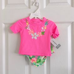 New With Tags Carter's 2pc Swimsuit Size 12 Months. Two-Piece Swim Set Featuring Short-Sleeve Rashguard With Floral Pattern And Coordinating Floral-Patterned Swim Bottom With Ruffle Detail. Bundle To Save Same/Next Day Shipping Rashguard Swimsuit, Floral One Piece, Floral One Piece Swimsuit, Purple Girls, Pink Sparkly, Carters Girl, Swim Shirts, Swim Sets