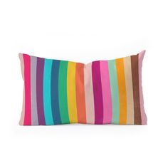 a multicolored striped pillow on a white background