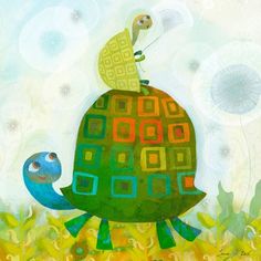 a painting of a turtle and a bird on top of each other