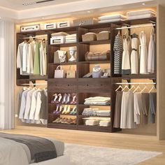 an open closet with clothes and shoes on shelves next to a bed in front of a window