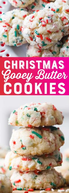 christmas cookie cookies with sprinkles on top and the words, christmas gooey butter cookies