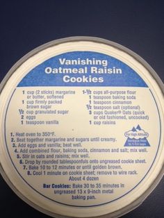 the label for an oatmeal raisin cookie is shown on a blue surface