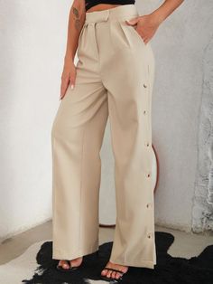 Business Casual Trousers With Buttons, Business Casual Straight Pants With Buttons, High Waist Wide Leg Pants With Buttons For Office, Elegant Office Wide Leg Pants With Button Closure, Straight Pants With Buttons For Business Casual, Business Casual Straight Leg Dress Pants With Buttons, Business Casual Dress Pants With Button Closure, Business Casual Straight Pants With Button Closure, Formal Fall Pants With Button Closure