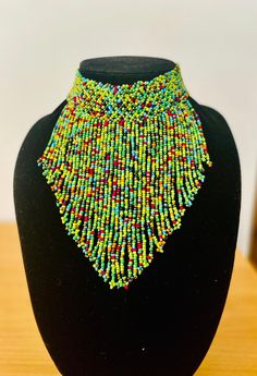 African Maasai handmade beaded necklace choker | fringe necklace | green multicoloured Traditional Multicolor Jewelry With Beaded Fringe, Handmade Green Bohemian Beaded Necklaces, Traditional Green Beaded Necklace For Festival, Handmade Green Beaded Necklaces For Festivals, Traditional Multicolor Beaded Fringe Necklaces, Traditional Multicolor Beaded Necklaces With Fringe, Traditional Multicolor Beaded Necklace With Fringe, Green Beaded Chain Necklace For Festivals, Artisan Green Beaded Necklaces For Festivals