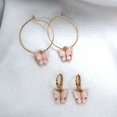 Pink Butterfly Earring Set. Pink Metal Clip-on Earrings As A Gift, Pink Metal Clip-on Earrings For Gift, Cute Single Dangle Earring, Pink Nickel-free Dainty Hoop Earrings, Pink Dainty Nickel-free Hoop Earrings, Dainty Pink Nickel-free Hoop Earrings, Trendy Hoop Plug Earrings For Gift, Trendy Hoop Plug Earrings As A Gift, Everyday Pink Pierced Earrings