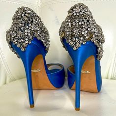 Badgley Miscka Rhinestone Encrusted Blue Satin Peep Toe Pumps Size 6 Never Worn Gold Espadrilles, Platform Pumps Heels, Jewel Badgley Mischka, Jeweled Sandals, Glitter Sandals, Badgley Mischka Shoes, Wedding Flats, Satin Pumps, Classic Pumps