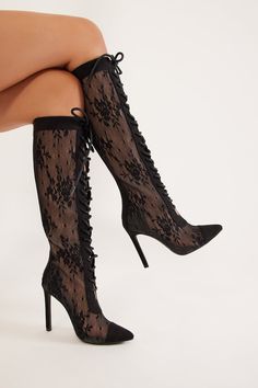 Available In Black. Knee High Heeled Boots Lace Detail Lace Up Pointed Toe 4" Ultra High Heel Imported | Indra Lace Knee High Boots in Black size 10 by Fashion Nova Lace Knee High Boots, High Heeled Boots, Knee High Heels, High Heel Boots Knee, Lace Cardigan, High Heel Boots, Lace Boots, Reign, Knee High Boots