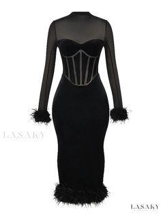 Elegant Feathered Bodycon Midi Dress by Mary Feather Sleeve Dress, Black Velvet Midi Dress, Figure Flattering Dresses, Dress With Corset, Corset Midi Dress, Midi Bodycon Dress, Velvet Midi Dress, Ultra Feminine, Cocktail Gowns