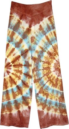 An everyday casual bohemian summer pants in a colorful tie-dye blast on a brown base.  These luxuriously soft and stretchy mid-weight pants made with soft flowy rayon have a hippie bohemian vibe and are comfortable for casual summer wear. #tlb #SplitSkirtsPants #Yoga #vacationclothing #beachwrap #TieDye #bohemianfashion #TieDyePants #BeachPants #SummerPants #BohemianPants Brown Casual Pants For Festivals, Casual Brown Pants For Festival, Hippie Style Brown Bottoms For Festival, Brown Hippie Bottoms For Festival, Hippie Style Brown Festival Bottoms, Brown Bohemian Pants For Festival, Bohemian Brown Pants For Festival, Hippie Style Wide Leg Brown Bottoms, Brown Wide Leg Hippie Bottoms