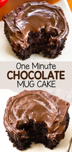 one minute chocolate mug cake on a white plate with a bite taken out of it