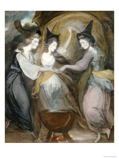 an oil painting of three women dressed as witches