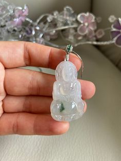 "🌈 Guan Yin Jadeite Pendant for necklace, Icy Light Green & Green 🌷 Untreated Natural Jadeite/ Grade A Jade/ Certified 🌷 Jade from Myanmar/ Burma 🌷 100% handmade carving 🌷 Dimensions : 41.5 x 24.2 x 6 mm 🌷 Color : Light Green & Green 🌷 Free standard shipping from Hong Kong with tracking provided 🌷 Take approximately 7-21 days to arrive worldwide ❤️ In Chinese Culture: Young people wear jade pendant will have a prosperous life, attracts good luck and friendship Old people wear jad White Spiritual Gemstones For Jewelry Making, White Round Crystal Necklace For Spiritual Use, White Spiritual Crystal Necklaces With Gemstone, White Round Pendant Jewelry For Meditation, Spiritual White Gemstones For Gift, White Gemstone Necklace For Meditation, White Spiritual Gemstone Necklace, White Jade Jewelry For Healing, Spiritual White Crystal Round Pendant Necklaces