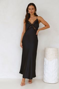 Length from bust to hem of size S: 126cm. Chest: 40cm, Waist: 38cm, across front only of size S. Maxi dress. Lined, unlined lace panels. Model is a standard XS and is wearing size XS. True to size. Non-stretch. V-neck. Lace details, unlined. Zipper. Cold hand wash only. Polyester. An ultra-romantic style! The Ultimate Love Satin Slip Maxi Dress features a silky satin design, lace panels and a straight flowy silhouette that we're in love with. Style with heels and curls for all the likes. Black Lace Outfit, Black Flowy Dress, Satin Design, Slip Maxi Dress, Satin Noir, Silk Dress Long, Sunset Cruise, Lace Outfit, Maxi Dress Black