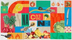 a collage of food and vegetables with the words coz n ha on it