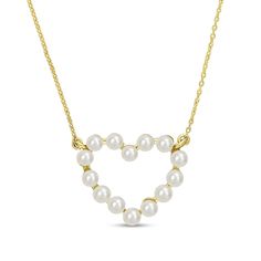 Bring romantic detail to all your favorite looks when you wear this charming freshwater cultured pearl outline heart necklace in 14K gold. Crafted in 14K gold Lustrous freshwater cultured pearls line this classic open heart design. The style suspends centered along a cable chain that secures with a spring-ring clasp. 17.0-inch total length. Elegant Open Heart Necklace With Heart Beads, Anniversary Heart Pendant Pearl Necklace, Gold Elegant Heart Necklace With Pearl Chain, Heart-shaped Pearl Necklace For Anniversary, Heart-shaped Dainty Pearl Necklace For Anniversary, Dainty Heart Necklace With Pearl Pendant For Anniversary, Elegant Heart-shaped Pearl Drop Necklace, Elegant Gold Heart Necklace With Pearl Drop, Elegant Heart-shaped Pearl Pendant Necklace