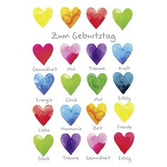 a poster with different colors of hearts in the shape of heart shapes and names on it