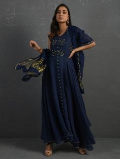 Indigo Hand Embroidered Sleeveless Kurta & Dupatta Set (Set of 2) by Sonal Kabra now available at Trendroots Sleeveless Kurta With Zari Work For Reception, Sequin Straight Kurta Salwar Kameez For Reception, Reception Straight Kurta Salwar Kameez With Sequins, Sleeveless Chanderi Salwar Kameez For Party, Bollywood Style Sequined Kurta With Traditional Drape, Festive Sleeveless Silk Kurta, Designer Sequined Kurta With Traditional Drape, Bollywood Style Sleeveless Embellished Anarkali Set, Elegant Sleeveless Georgette Traditional Wear