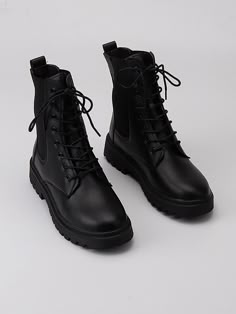 Black Cool Collar   Plain Combat Boots Embellished   Women Shoes Woman Black Boots, Flat Black Boots For Women, Cool Black Boots, Army Boots Outfit Women, Boots Black Aesthetic, Black Shoes Aesthetic, Black Combat Boots Women, Kpop Boots, Black Boots Flat