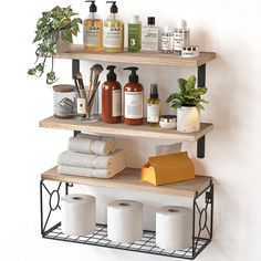 three shelves with various items on them and one shelf holding toilet paper, soaps, and other personal care products