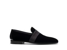 The Jenaro is the perfect option for formal occasions. This classic slipper loafer silhouette is crafted in luxurious velvet and features a contrasting satin strap across the vamp for a sophisticated appearance. Luxury Slip-ons For Formal Occasions, Classic Party Loafers With Leather Sole, Designer Formal Slip-ons, Luxury Slip-on Dress Shoes For Evening, Luxury Formal Slip-ons, Elegant Slip-ons With Leather Sole For Galas, Evening Slip-on Loafers With Leather Sole, Elegant Black Slip-ons For Party, Elegant Slip-on Evening Dress Shoes