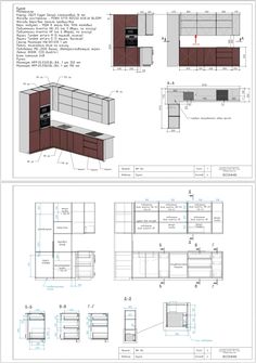 some drawings of kitchen cabinets and cupboards in various stages of being built into the wall