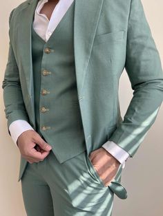 Sage Green Waistcoat, Spring Groom, Sage Green Suit, Mens 3 Piece Suits, Grooms Men, 2023 Prom, Lily Wedding, Linen Men, Linen Collection