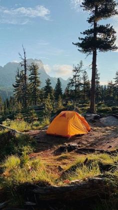 a tent pitched up in the woods with mountains in the back ground and trees around it