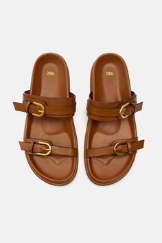 BUCKLED SANDALS - Brown | ZARA United States Jeans Blazer, Zara Sandals, Pretty Sandals, Double Strap Sandals, Slider Sandals, Classy Shoes, Shoe Inspo, Buckle Sandals, Brown Sandals