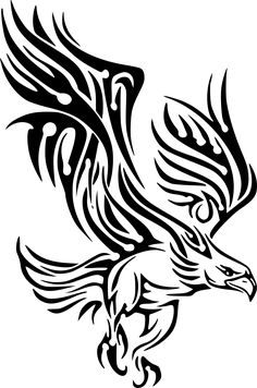 an eagle tattoo design with black and white lines on the wings, flying in the air