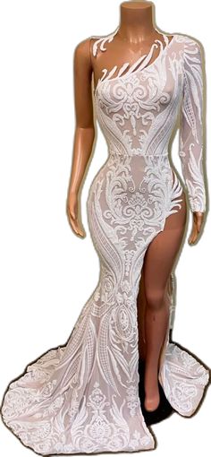 White One Shoulder Maxi Dress For Formal Events, White One Shoulder Maxi Dress For Formal Occasions, Fitted Maxi Length One Shoulder Prom Dress, One Shoulder Mermaid Dress With Sweep Train For Prom, White One-shoulder Evening Maxi Dress, White One Shoulder Evening Maxi Dress, One Shoulder Mermaid Dress For Prom, White Long Sleeve Dress For Prom, White Long Sleeve Dress For Prom Season