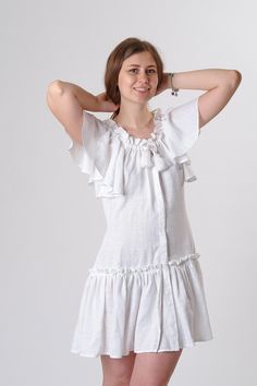 Light linen mini dress 50% linen 50% cotton. Size: XS, S, M, L. Any size by order. Size Map: XS (US 2): Bust 85; Waist 66; Hips 92. S (US 6): Bust 91; Waist 71; Hips 97 M (US 10): Bust 95; Waist 76; Hips 102 L (US 14): Bust 103; Waist 84; Hips 109 You can also choose color of fabric and pattern free. Make Your unique style with GUA dresses! Bridesmaid Dress White, Linen Dress Short, Mini Dress With Ruffles, Frilled Dress, Flight Attendant Fashion, Fitted Romper, White Bridesmaid Dresses, Summer Linen Dresses, Dress With Ruffles