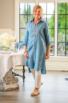 Indulge in luxury with our Monica Shirt Dress, crafted from 100% linen. This timeless piece features long sleeves, a collared neckline and a button-up front the can be worn as a shirt dress or as a duster. It could also work as a swimsuit coverup. We love this piece for its versatility and is the perfect travel partner. Made in Ukraine Chic Collared Linen Dress For Daywear, Chic Linen Shirt Dress With Buttons, Classic Linen Shirt Dress For Daywear, Chic Linen Shirt Dress For Daywear, Elegant Linen Dress With Relaxed Fit, Classic Linen Shirt Dress With Spread Collar, Elegant Relaxed Fit Linen Dress, Elegant Shirt Dress With Relaxed Fit And Spread Collar, Chic Linen Shirt Dress With Button Cuffs