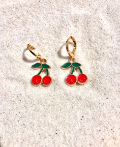 dainty cherry earrings 🍒 Trendy Handmade Cherry-colored Jewelry, Cute Round Red Jewelry, Cute Red Round Jewelry, Cute Single Dangle Earring, Dainty Dangle Earrings For Summer, Trendy Cherry-colored Earrings, Cute Nickel-free Round Hoop Earrings, Cherry Colored Earrings Gift, Cherry Dangle Earrings With Ear Wire