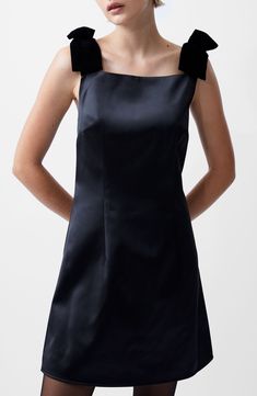 Displaying iconic '60s-inspired charm, this satiny stem-showing dress features velvety bows draping the shoulders. 33 1/2" length (size 8) Hidden back-zip closure Square neck Sleeveless Lined 99% polyester, 1% elastane Dry clean Imported Bow Straps, Fashion Forecasting, French Connection Dress, Square Neck Dress, Mini Skater Dress, Satin Mini Dress, Velvet Bow, Versatile Dresses, Lovely Dresses