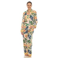 Our Two-Piece Wildflower Print Pajama Set includes a long-sleeve notch collar top and coordinating full pajama bottoms. The top button-down front and the full pajama bottoms a full elastic waistband with adjustable drawstring. You can easily slip into it and stay snug all night long. The vivid and eye-catching wildflower print is a visual treat, adding a pop of color to your evening routine. Not only are these pajamas beautiful, but they are also incredibly soft and warm. Floral Print Long Sleeve Sleepwear For Vacation, Luxury Pajamas For Women, Women’s Pajamas, Hostess Pajamas, Floral Pajama Pants, Wildflower Print, Pj Party, Floral Pajamas, Evening Routine