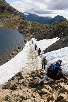 a group of people hiking up the side of a snow covered mountain next to a body of water