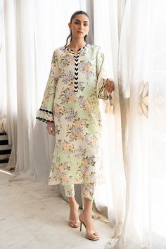 Long Sleeve Printed Motifs Sets For Eid, Eid Long Sleeve Sets With All Over Print, Eid Tunic Sets With Printed Motifs, Eid Semi-stitched Floral Print Sets, Floor-length Eid Sets With Printed Motifs, Silk Tunic, Silk Trousers, Eid Collection, Printed Trousers