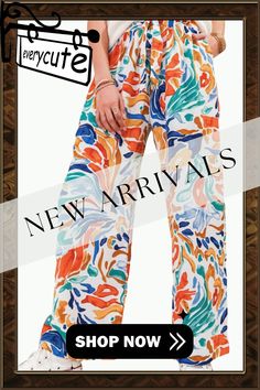 Multicolor Printed Belted High Waist Straight Leg Pants Casual Multicolor Print Bottoms With Elastic Waistband, Casual Multicolor Wide Leg Summer Pants, Spring Multicolor Print Pants With Elastic Waistband, Spring Multicolor Print Bottoms With Elastic Waistband, Casual Colorful Bottoms For Beach Season, Spring Casual Pants With Multicolor Print, Colorful Casual Bottoms For Vacation, Spring Casual Multicolor Print Pants, Colorful Casual Vacation Bottoms