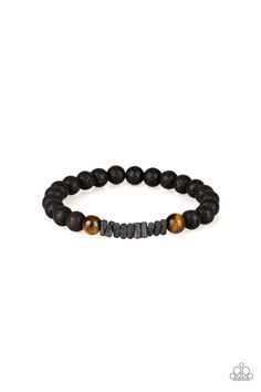 An earthy collection of metallic accents, glassy tiger's eye stones, and black lava beads are threaded along a stretchy band around the wrist for a seasonal look. Lava Rock Bracelet, Lava Bead Bracelet, Nickel Free Jewelry, Lava Bracelet, Men's Bracelets, Brown Bracelet, Yellow Rings, Lava Beads, Kandy